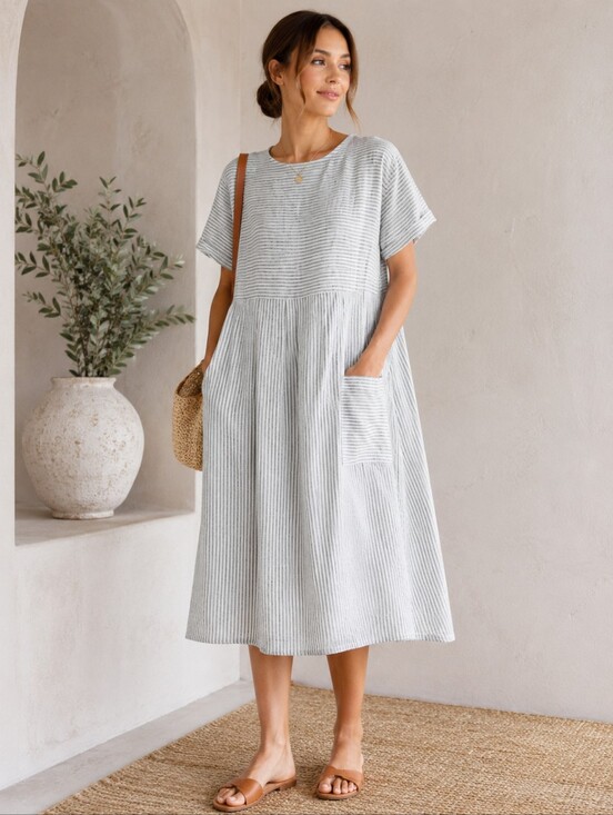 Lintico Dresses & Skirts - LINTICO Morgan 100% Linen Blue Stripe Midi Dress XL Relaxed A-Line Coastal